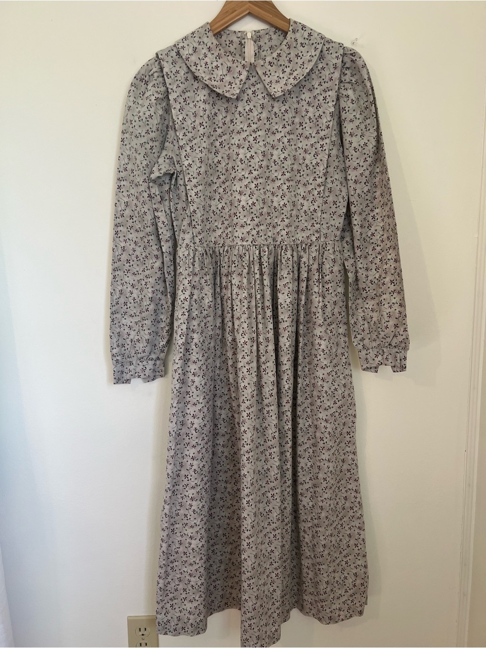 Floral Sage Green Long Sleeve Prairie Dress with Purple Flowers